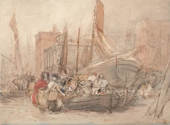 Harbor Scene with Fishing Boats Being Unloaded